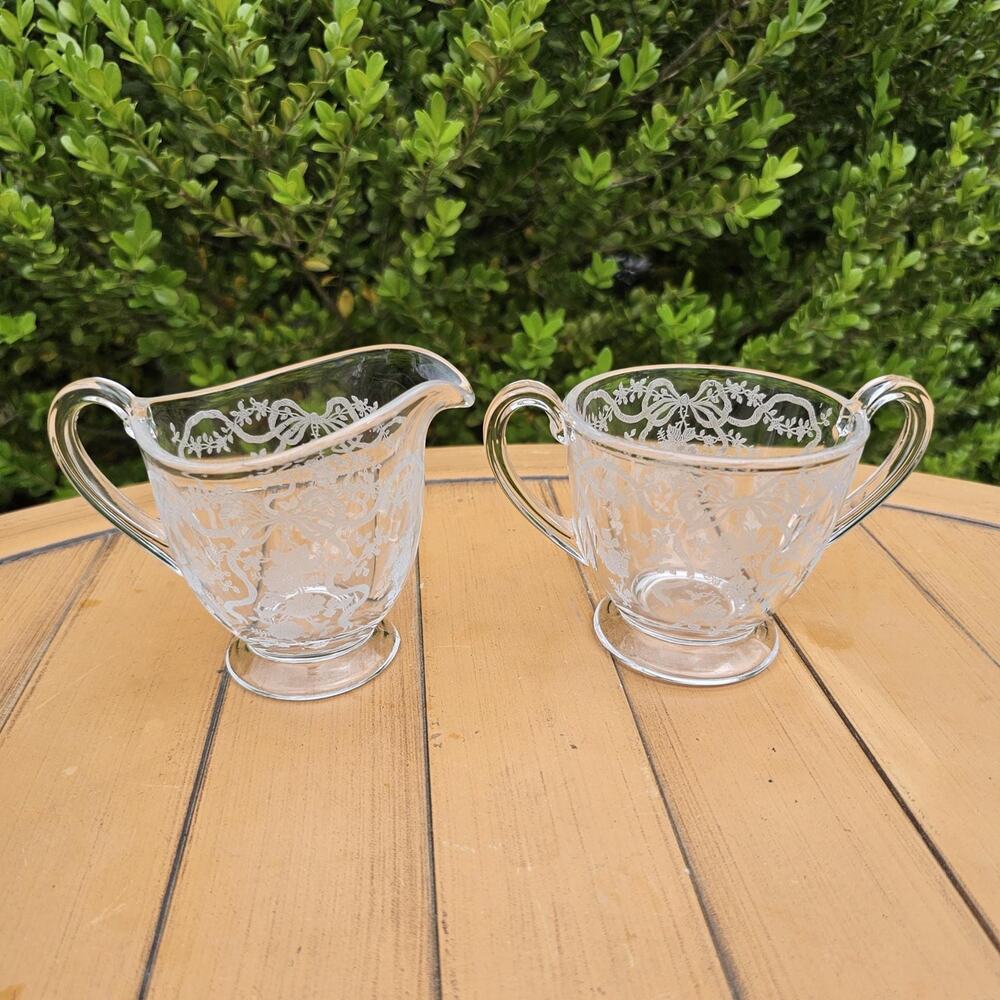 Vintage Fostoria Romance Etched Glass Sugar and Cream Set